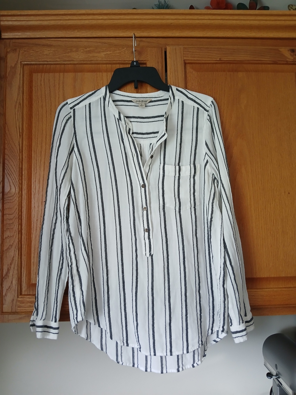 White Button Henley Blouse with Black Stripes